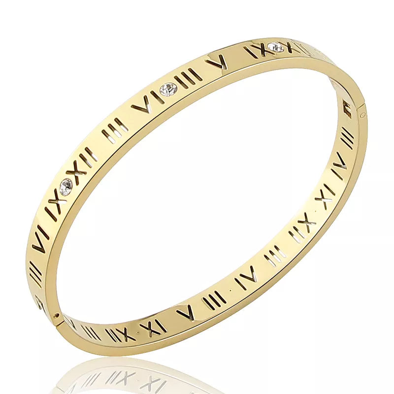 Steel Bangles Crystal Gold Color Bangles Roman Numerals Women's Bracelet