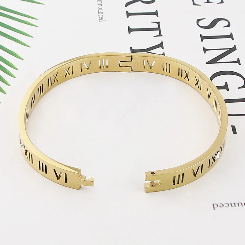 Steel Bangles Crystal Gold Color Bangles Roman Numerals Women's Bracelet