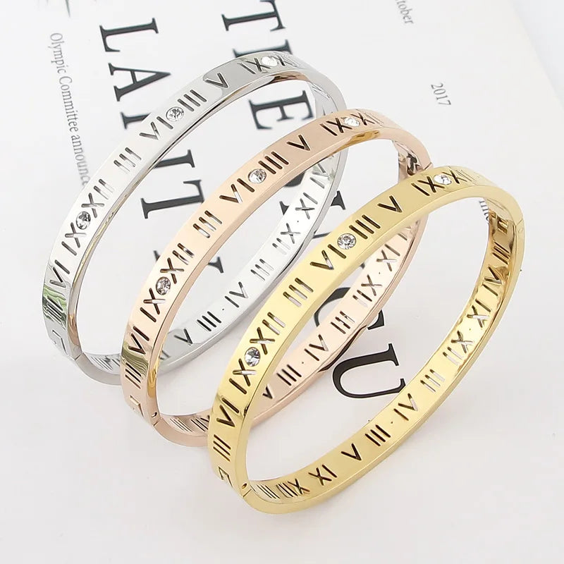 Steel Bangles Crystal Gold Color Bangles Roman Numerals Women's Bracelet