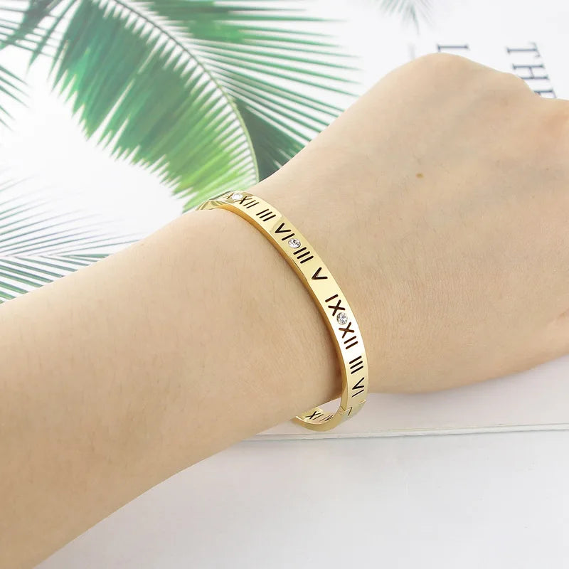 Steel Bangles Crystal Gold Color Bangles Roman Numerals Women's Bracelet