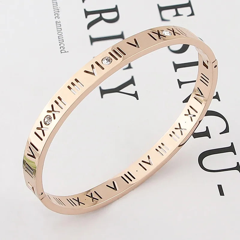 Steel Bangles Crystal Gold Color Bangles Roman Numerals Women's Bracelet